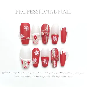Weihnachten Rot Weiß Kunstnägel Zum Aufdrücken Mit Schneeflocke 3D Schleife Glitzer Künstliche Nägel Sargform Glänzend Maniküre