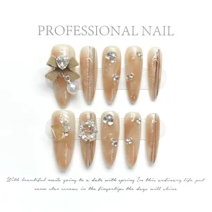 Handmade Ice Amber Marble Press On Nails Long Almond Shape With Bow Pearl Rhinestone Decoration Elegant Fashion Nail Tips
