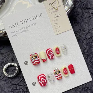 Handmade press-on nails with Chinese lion dance relief and golden luck characters
