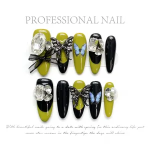 Handmade press-on nails with 3D silver metal butterflies, rhinestones and olive green finish
