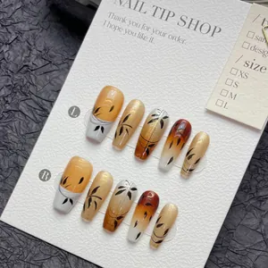 New Chinese Style Handmade Press-on Nails Autumn Maple Leaf Gradient Orange Brown Long Coffin Fake Nails With Glitter For Women