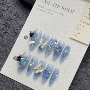 Handmade Press On Nails With 3D Butterfly Rhinestone Artificial Pearl Decor Gradient Marble Stiletto Fake Nails For Women Jewelry