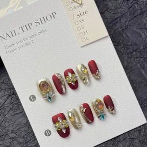 Handmade Press On Nails Vintage Court Style Baroque Wine Red Gold Matte Full Cover Rhinestone Artificial Pearl Luxury Fake Nails Set