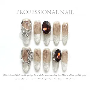 Handmade Amber Cat Eye Press On Nails Vintage Luxurious Marble Pattern Bow Rhinestone Inlaid Long Almond Fake Nails Women Jewelry