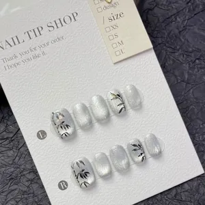 Handmade New Chinese Style Bamboo Leaf Press On Nails Silver Grey Cat Eye Glossy Elegant Minimalist Manicure Set For Women