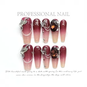 Handmade gradient wine red press-on nails with luxury butterfly and rhinestone charms