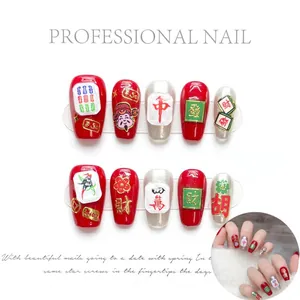 Handmade Press On Nails Chinese New Year Mahjong Style Red Silver Glitter Short Coffin Fake Nails With Gold Foil For Women
