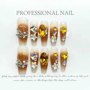 Handmade Long Coffin Press On Nails Gradient Amber Nude With Rhinestone Stars Artificial Pearls Butterfly Decoration Fake Nails For Women