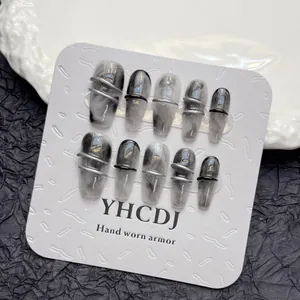 Gothic dark marble ink press-on nails with silver metallic 3D line details
