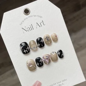Handmade Black Nude Gradient Press On Nails Pink Heart Rhinestones Metal Cross Short Square Round Artificial Nails For Women