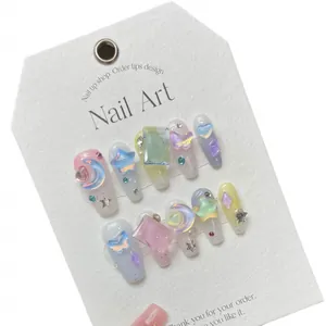 3D pastel Aurora press-on nails with cute moon, star accessories and resin butterflies