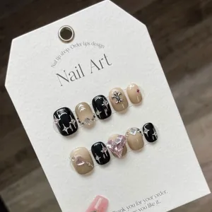 Handmade short square gradient fake nails with black pink hearts and silver cross accents
