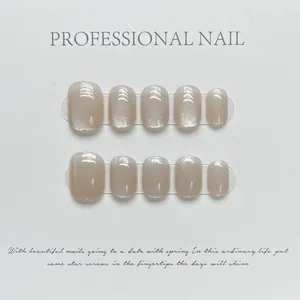 Handmade Champagne Cat Eye Press On Nails Short Square Round Rainbow Laser Shimmer Manicure For Women Decorative Nails