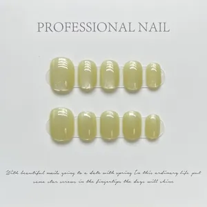 Handmade Mustard Green Press-on Nails Cat Eye Laser Shimmer Short Square Artificial Nails For Women Daily Party Decoration