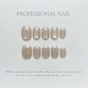 Handmade champagne cat eye press-on nails set with rainbow laser glitter finish