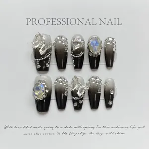 Handmade Press On Nails Black White Ombre Long Coffin Butterfly Rhinestone Starry Crystal Nails For Women Daily Party