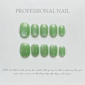 Handmade Green Cat Eye Press On Nails Short Squoval Shimmering Dopamine Style Artificial Nails For Women Daily Nail Art Kit
