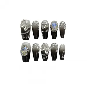 Black and white ombre press-on nails with 3D crystal butterfly and rhinestones