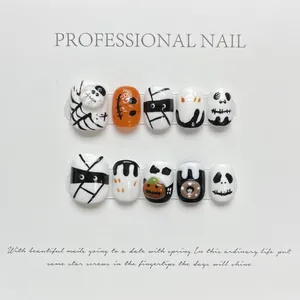 Halloween Pumpkin Ghost Hand Painted Press On Nails Cute Mummy Spider Web 3D Relief Short Resin False Nails For Women
