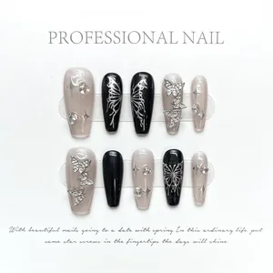 Handmade Y2K Press On Nails Black Dark Butterfly Rhinestone Star Long Coffin Fake Nails Set For Women Professional Nail Decor