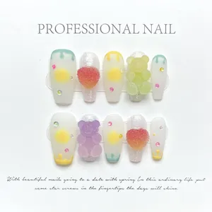 Handgemachte Matte Press-on Nägel Mit 3D Harz Zuckerbär Strass Herz Deko Macaron Farben Süßer Stil Künstliche Nägel Damen