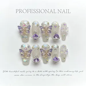 Handgefertigte Kunstnägel Lila Aurora Schmetterling Dekor Zirkonia Planet 3D Schleife Harz Wiederverwendbare Nägel Damen Schmuck