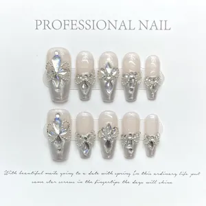 Handmade Press On Nails Luxury Fairy Aurora Pink Silver Cat Eye With Rhinestone Bow Star Long Coffin Fake Nails For Women