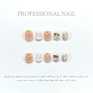 Faux ongles enfant pêche arc-en-ciel avec motifs 3D en relief et art floral