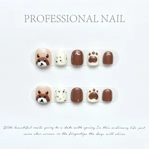 Glossy Resin Press On Nails For Kids Brown Bear Paw Pattern Sweet Hand Painted False Nails For Girls Nail Art Decor