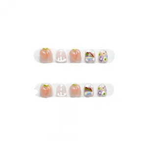Faux ongles courts ronds pour enfants avec motifs pêche 3D et fleurs arc-en-ciel
