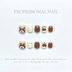 Cute brown cartoon bear press-on toe nails for girls with polka dots and paw prints