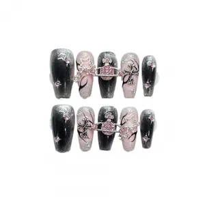 Ongles à presser planète diamant rose et œil de chat flamme en forme de trapèze long