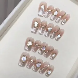 Handmade Cat Eye Press On Nails With Bow Butterfly Rhinestone Artificial Pearl Decor Short Mid Trapezoid False Nails For Women