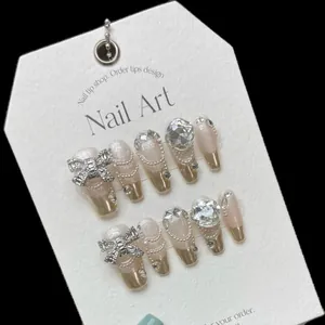 Hand-made Luxury Press On Nails Mirror French Tip Nude Pink Glitter Rhinestone Bow Pearl Decorative False Nails For Women