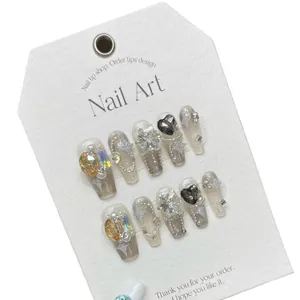 Handmade gradient grey-purple press-on nails with 3D star, pearl and heart gems
