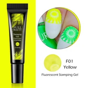 Detalle macro de gel de estampado amarillo fluorescente F01 para uñas con muestra