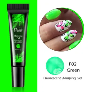 Detalle de gel de estampado verde fluorescente F02 para transferencia de uñas UV y LED
