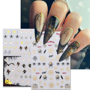 Autocollants à Ongles Halloween Bronzage Or Araignée Fantôme Design Dessin Animé Décalcomanies à Ongles Femmes Décoration Fête