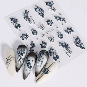 5D embossed Halloween nail stickers with dark blue chains, skulls and butterflies