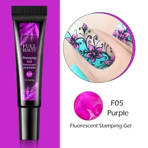 Detalle de gel de estampado neón púrpura de 8g y muestra de color para curado UV y LED