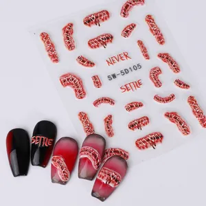 Detailed 5D embossed Halloween nail art stickers with bloody wound and stitch designs