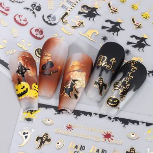 Autocollants d'ongles Halloween avec dorure, motifs de fantômes et d'araignées