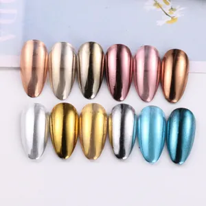 Detailed display of 12 metallic mirror effect nail powder colors on almond tips