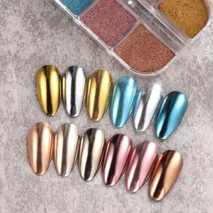 Top view of 12 metallic mirror nail powder samples with almond-shaped display tips