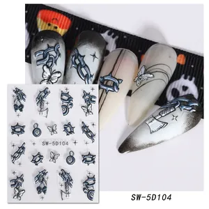5D embossed Halloween nail stickers featuring blue butterflies and silver chain designs