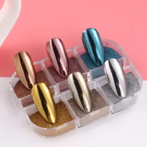 Six-color chrome nail powder set with metallic mirror finish in a transparent box