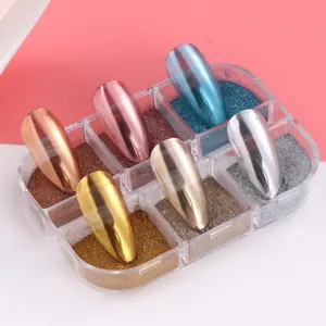 6-color metallic chrome nail powder set with mirror effect samples in clear box container