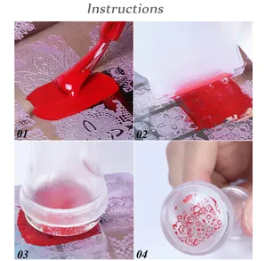 Guía paso a paso para estampar uñas con esmalte rojo, raspador y sello de silicona