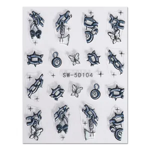 5D embossed Halloween nail stickers featuring metallic blue thorns, chains and butterflies