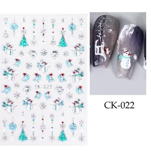 Vista dettagliata degli adesivi per nail art natalizi CK-022 con pupazzo di neve e fiocchi